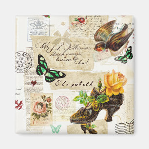 Girly Vintage Ephemera Mode Collage with Namn Magnet