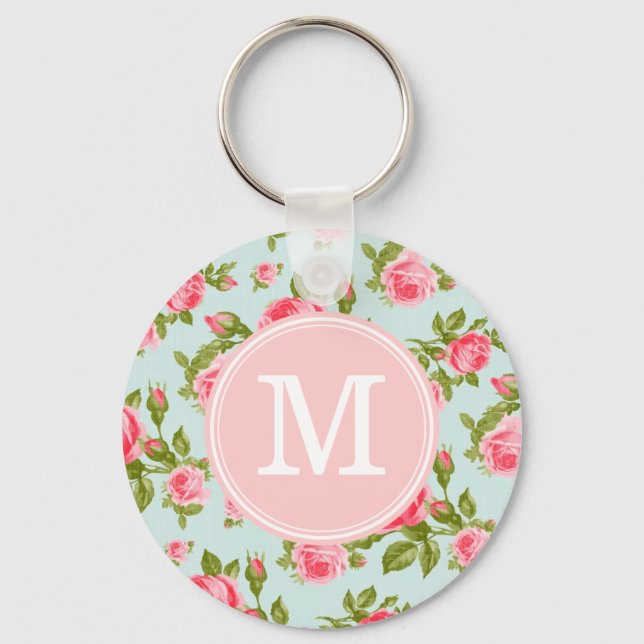 Girly Vintage Ro Blommigt Monogram Nyckelring (Framsida)