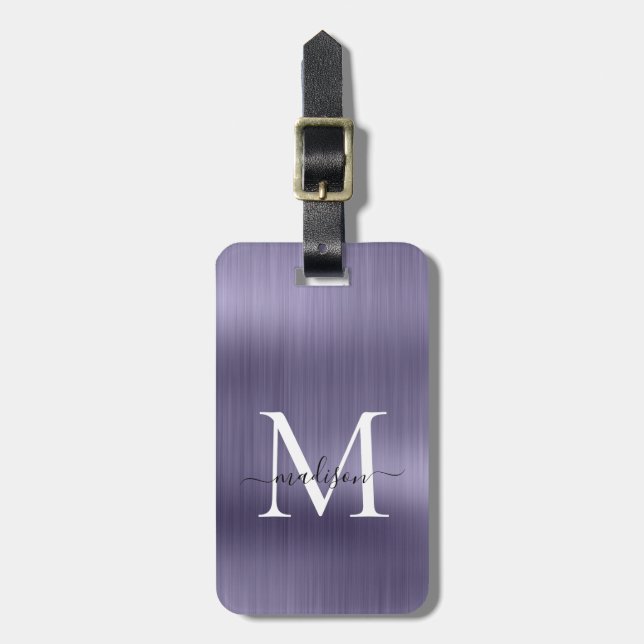 Girly Violet Brushed Metall-skript Monogram Glam Bagagebricka (Vertikal Framsida)