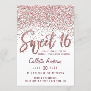 Girly Vit ros Guld Scattered Glitter Sweet 16 Inbjudningar