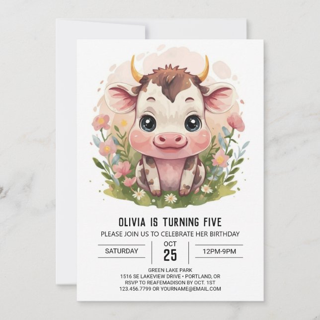 Girly Watercolor Cute Cow Birthday Inbjudningar (Framsida)