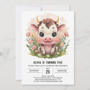 Girly Watercolor Cute Cow Birthday Inbjudningar