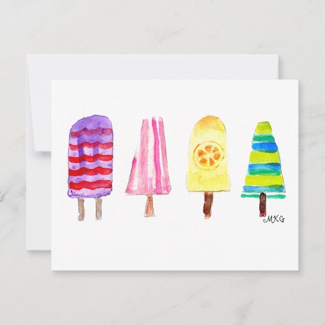 Girly Watercolor Popsicles Hand-Drawn Note Card (Framsida)