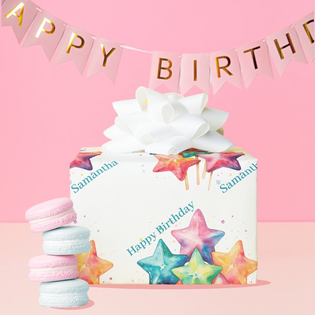 Girly Watercolor regnbåge stjärnor Birthday Presentpapper (Skapare uppladdad)