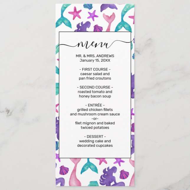 Girly Watercolor Sjöjungfruars Tales Seashells Mön Meny (Framsida)