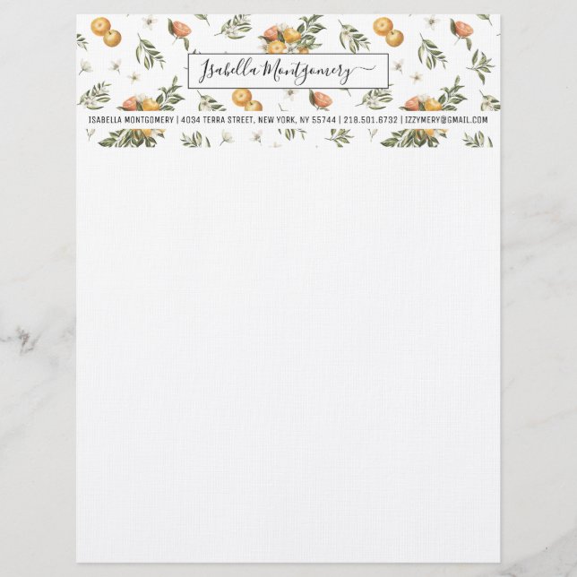 Girly Watercolor Tangerine Citrus Boho | Monogram Brevhuvud (Framsida)