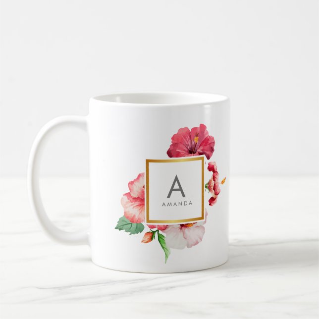Girly Watercolor TROPICAL hibiscus Flower Monogram Kaffemugg (Vänster)