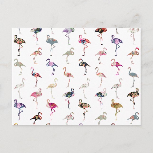 Girly Whimsical Retro Blommigt Flamingos Mönster Vykort (Framsida)