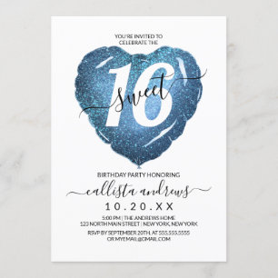 Girly White Blue Glitter Heart Balloon Sweet 16 Inbjudningar
