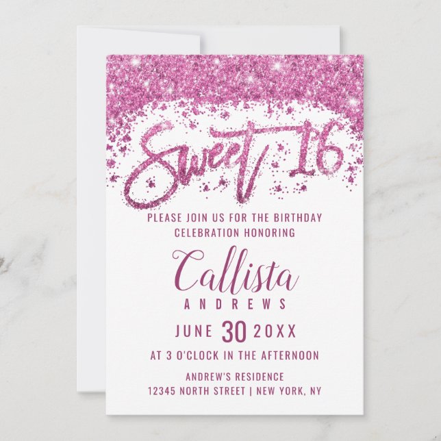 Girly White Bright Rosa Glitter Dust Sweet 16 Inbjudningar (Framsida)