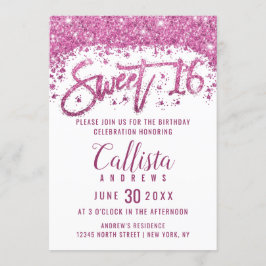Girly White Bright Rosa Glitter Dust Sweet 16 Inbjudningar