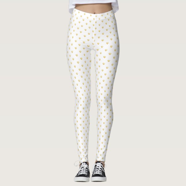 Girly White Hearts Mönster Guld Leggings (Framsida)