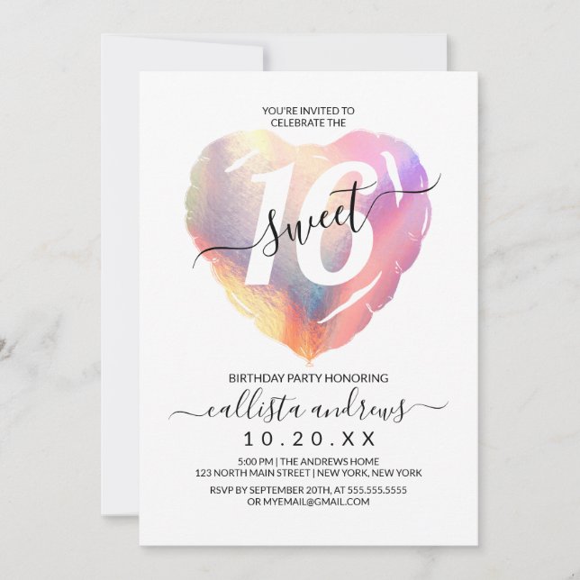 Girly White Iridescent Foil Heart Balloon Sweet 16 Inbjudningar (Framsida)