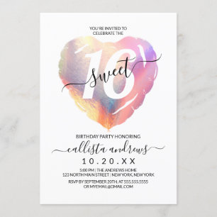 Girly White Iridescent Foil Heart Balloon Sweet 16 Inbjudningar