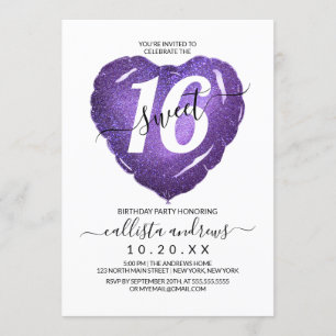Girly White Lila Glitter Heart Balloon Sweet 16 Inbjudningar