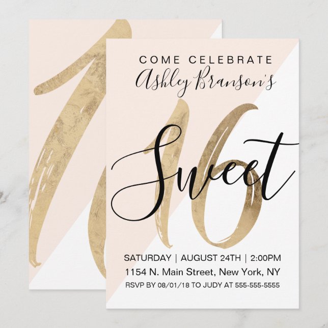 Girly White  Rosa Geo Faux Gold Foil Sweet 16 Inbjudningar (Fram/baksida)
