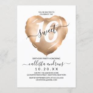Girly White Rosa Gold Foil Heart Balloon Sweet 16 Inbjudningar