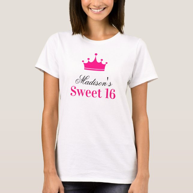 Girly White Shock rosa Sweet 16 Princess Krona Nam T Shirt (Framsida)