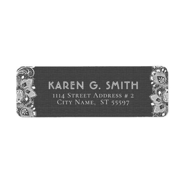 Girly White Snöre & Black Linen Burlap Struktur Returadress Etikett (Framsidan)