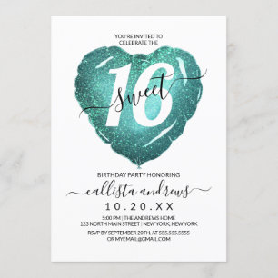 Girly White Teal Glitter Heart Balloon Sweet 16 Inbjudningar