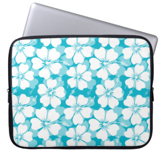Girly White Tropical Hibiscus Mönster på turkos Laptop Sleeve
