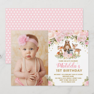 Girly Woodland Animals 1:a Birthday Rosa Blommigt Inbjudningar