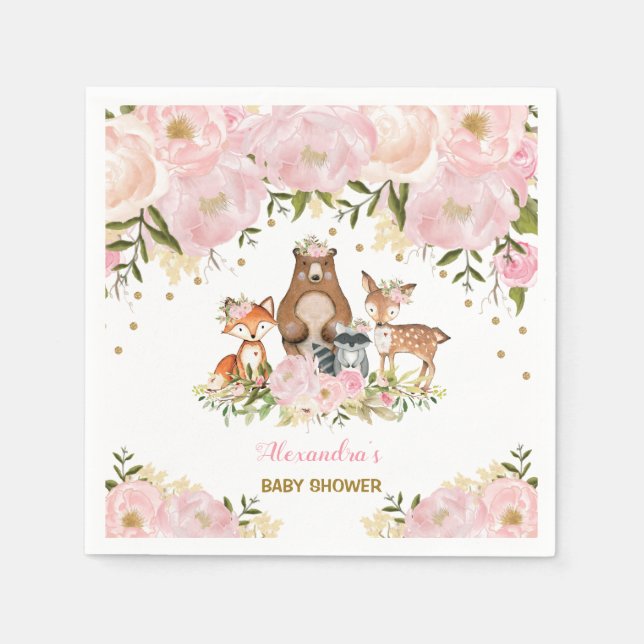 Girly Woodland Animals Rosa Guld Peonies Forest Pappersservett (Framsidan)