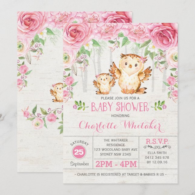 Girly Woodland Uggla Rosa Blommigt Baby Shower Inb Inbjudningar (Fram/baksida)