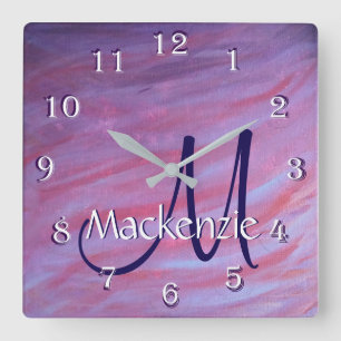 Girly Zebra Abstrakt Cute Rosa Lila Monogram Fyrkantig Klocka