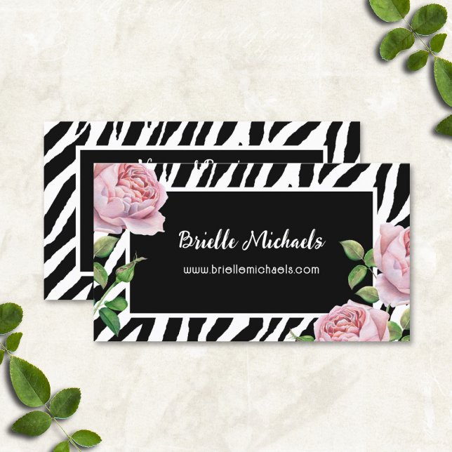 Girly Zebra ränder Mönster med Rosa ros Visitkort (Zebra Stripes Pattern With Pink Roses Business Cards)
