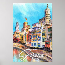 Girona Spain Watercolor Painting Travel Poster