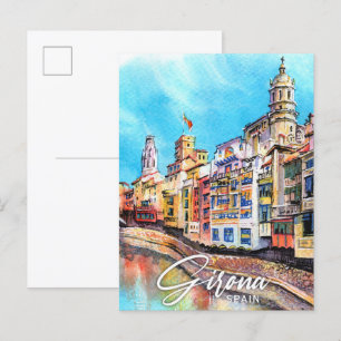 Girona Spain Watercolor Painting Travel Vykort