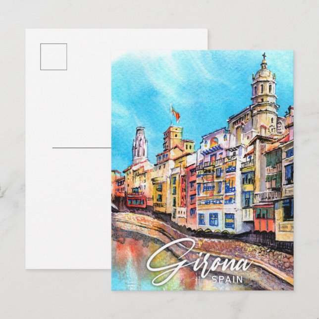 Girona Spain Watercolor Painting Travel Vykort (Fram/baksida)