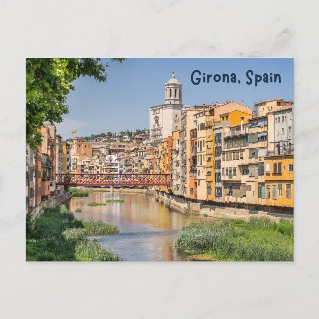 Girona, Spanien medeltida hus vid floden  Vykort (Framsida)