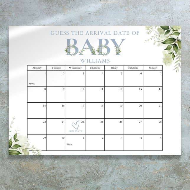 Gissa Ankomst Datum Grönska Blå Baby Shower Poster (Guess The Arrival Date Greenery Blue Baby Shower Poster)