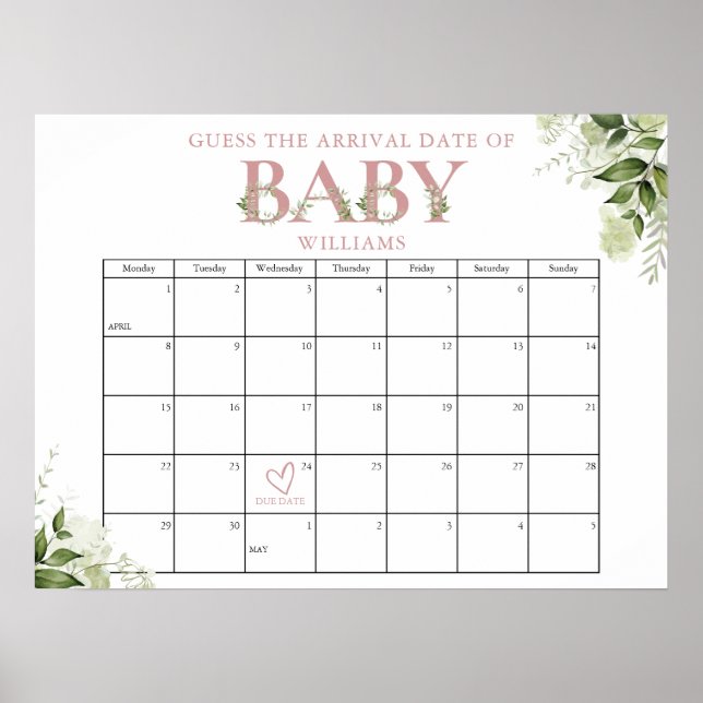 Gissa Ankomst Datum Grönska Rosa Baby Shower Poster (Framsidan)