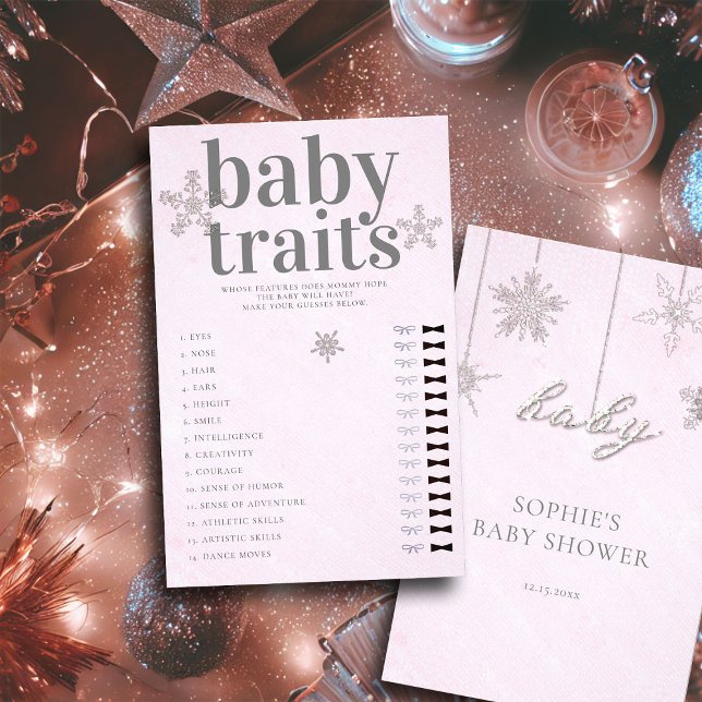 Gissa att Baby-funktioner visar Rosa av spel  Wint Flygblad (guess baby traits shower game pink christmas winter girl invitation rhinestones glitter snowflakes)