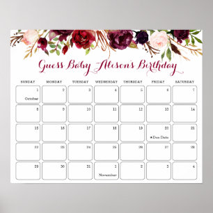 Gissa Baby Birthday Baby Shower Burgundy Blommigt Poster