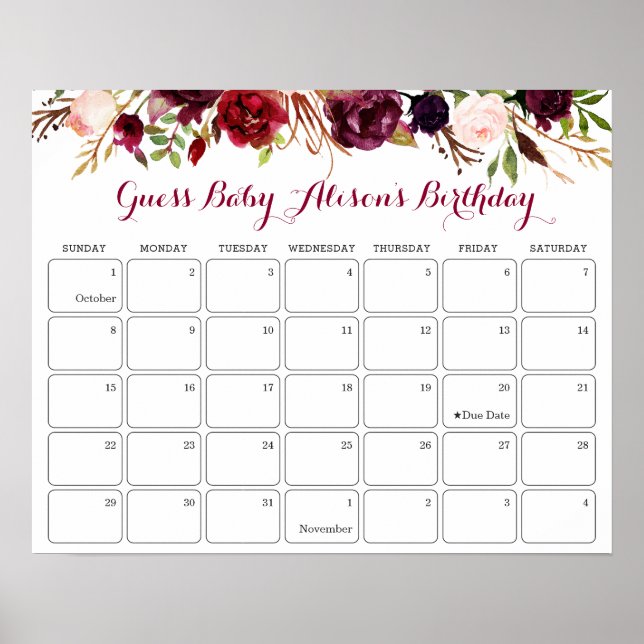 Gissa Baby Birthday Baby Shower Burgundy Blommigt Poster (Framsidan)