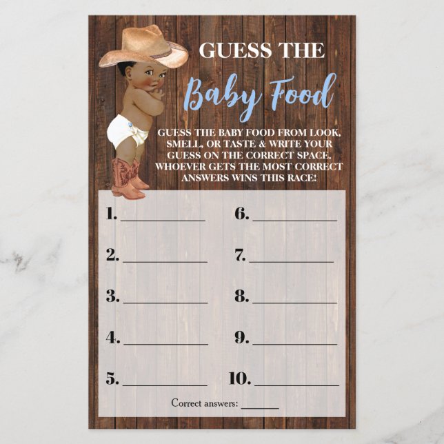 Gissa Baby Food AA Cowboy Baby Shower Game Card Flygblad (Framsidan)