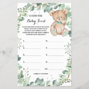 Gissa Baby Food Bear Greenery Shower Game Card Flygblad