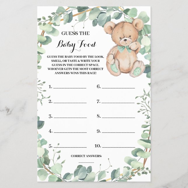 Gissa Baby Food Bear Greenery Shower Game Card Flygblad (Framsidan)