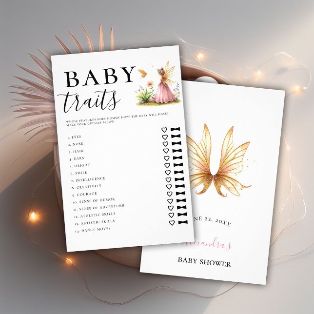 Gissa Baby Traits Girl Shower Game Fairy Princess Flygblad (girl baby shower game guess traits fairy princess enchanted garden watercolor pink gold cute pretty)