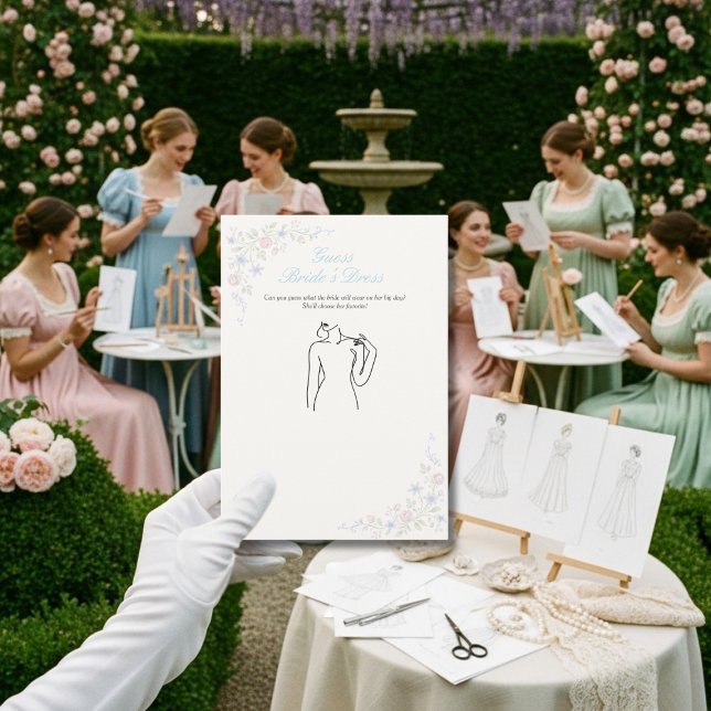 Gissa bröllopsklänningen Bröllopsdusch Blommig spe Inbjudningar (Guess the Dress Bridal Shower Floral game card)
