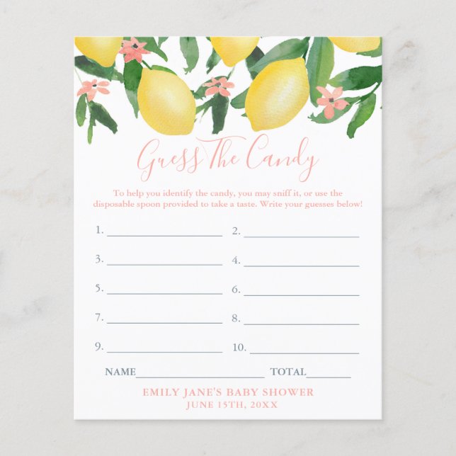 Gissa Candy Lemons Girl Baby Shower Game Card Flygblad (Framsidan)