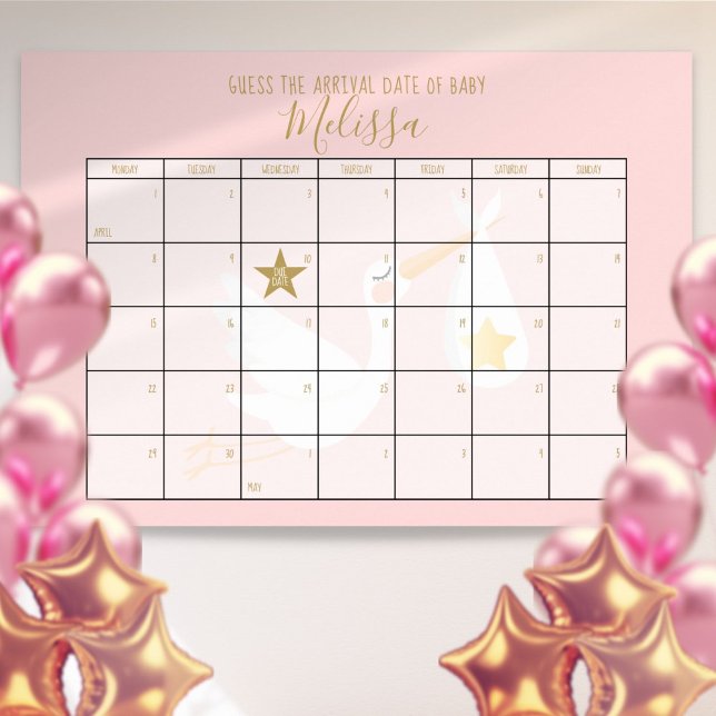 Gissa Förlossningsdatum Kalender Rosa Bebis Shower Poster (Guess The Due Date Calendar Pink Baby Shower Game Poster)