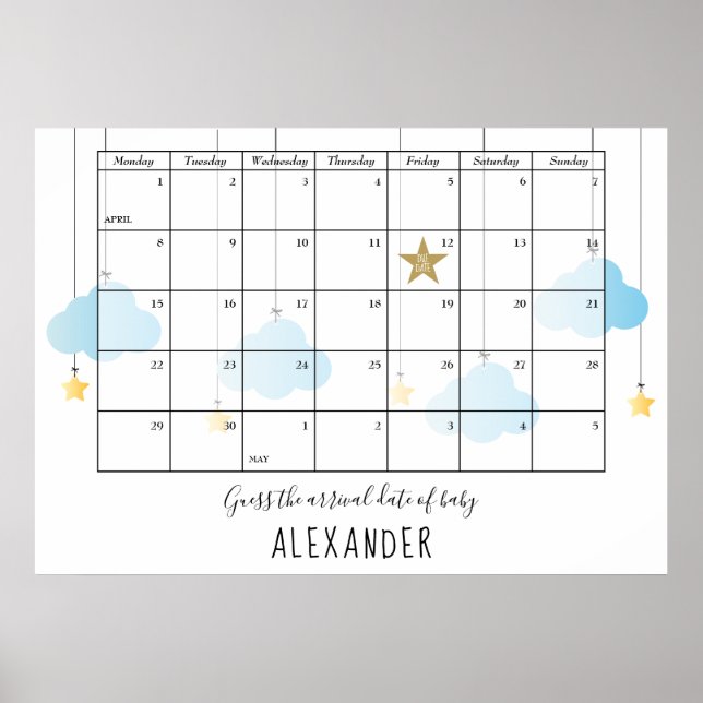 Gissa Förlossningsdatum Moln Stjärnor Baby Shower  Poster (Framsidan)