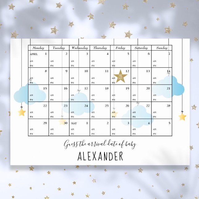 Gissa Förlossningsdatum Och Tid Stjärnor Baby Show Poster (Guess The Due Date And Time Stars Baby Shower Game Poster)