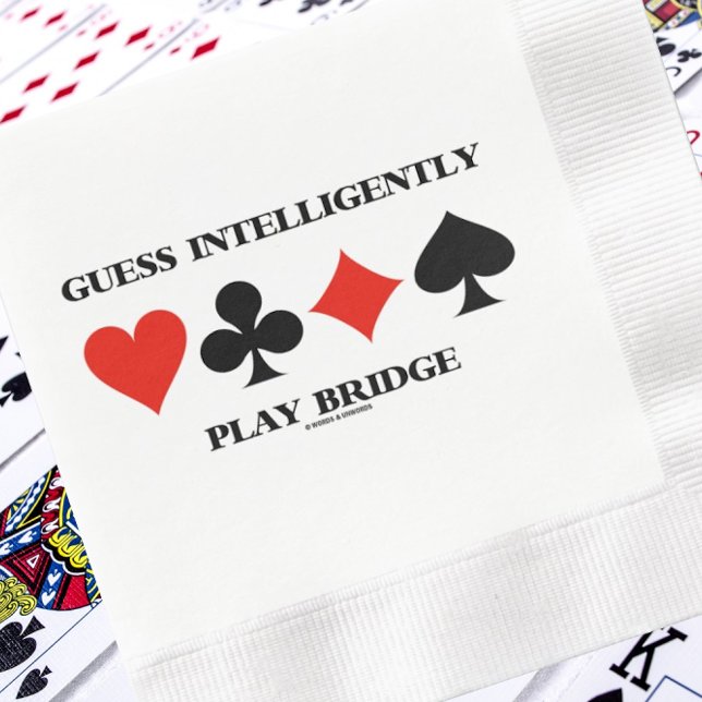 Gissa fyra kort-Kostym för Bridge Intelligent Pappersservett (Paper napkin featuring four card suits and bridge advice saying "Guess Intelligently Play Bridge")