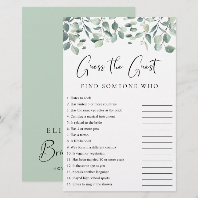 Gissa gästens eukalyptus Shower-spel (Fram/baksida)